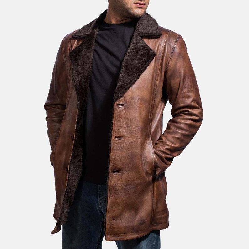Mens Cognac Shearling Leather Coat - 3/4 Length