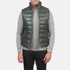 Mens Green Leather Puffer Vest