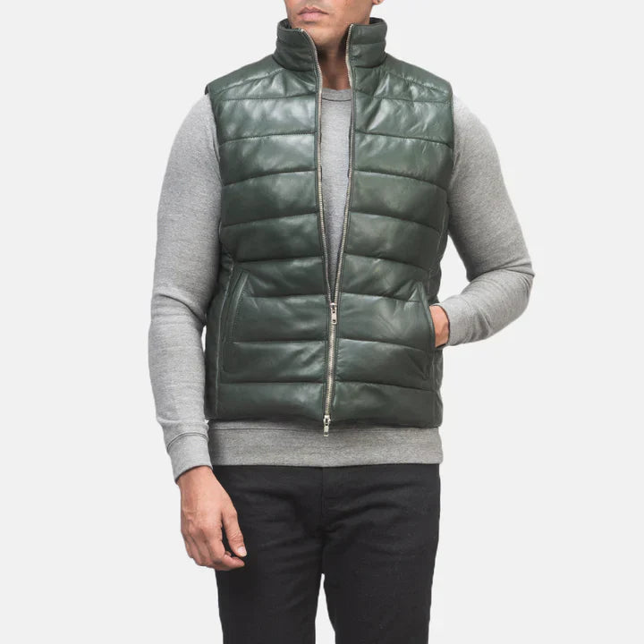Mens Green Leather Puffer Vest