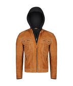 Men’s light Brown Leather Jacket With Hood