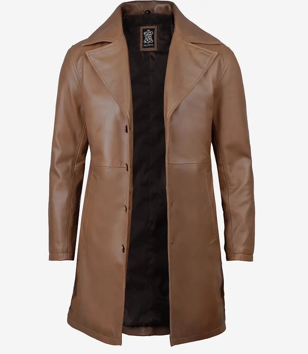 Mens Lambskin Leather Brown Coat - 3/4 Length