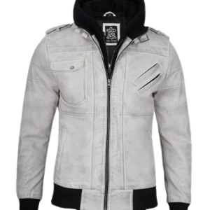 Mens Off White Waxed Leather Jacket with Hood