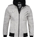 Mens Off White Waxed Leather Jacket with Hood