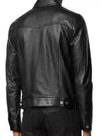 Mens Spy Black Leather Trucker Jacket