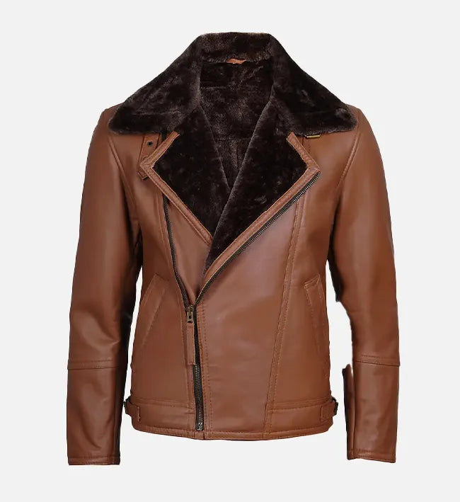 Cognac Leather Shearling Moto Jacket for Men