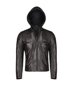 Men’s Slim Fit Brown Leather Jacket With Hood