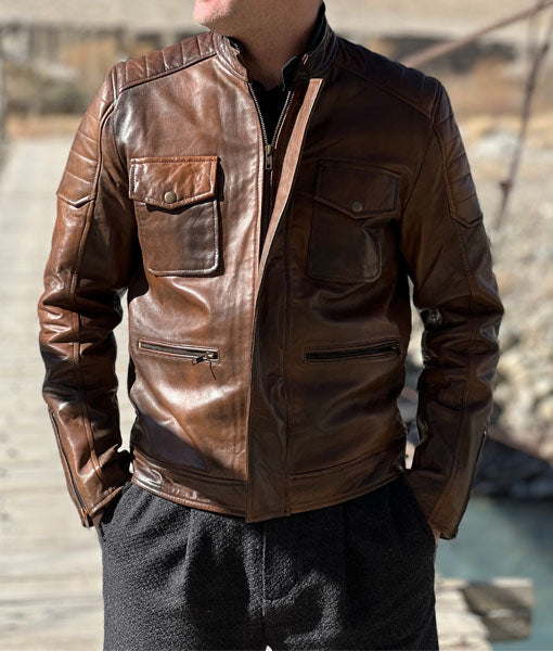 Men’s Slim fit Motorcycle Brown Leather Jacket