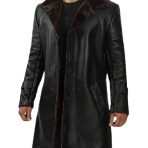 Mens Black Leather Shearling Coat - 3/4 Length