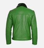 Green Shearling Leather Moto Jacket for Men