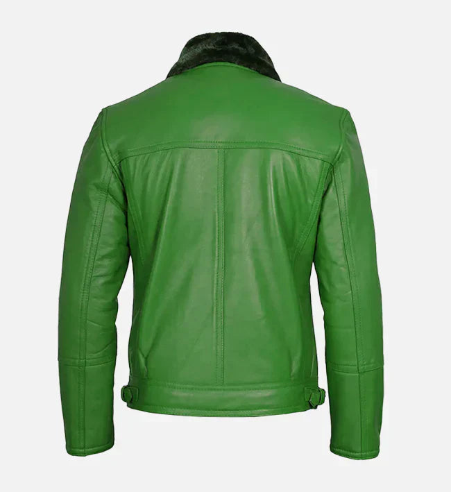 Green Shearling Leather Moto Jacket for Men
