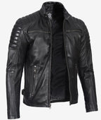 Stylish Men's Black Biker Jacket Padded Leather Shoulders