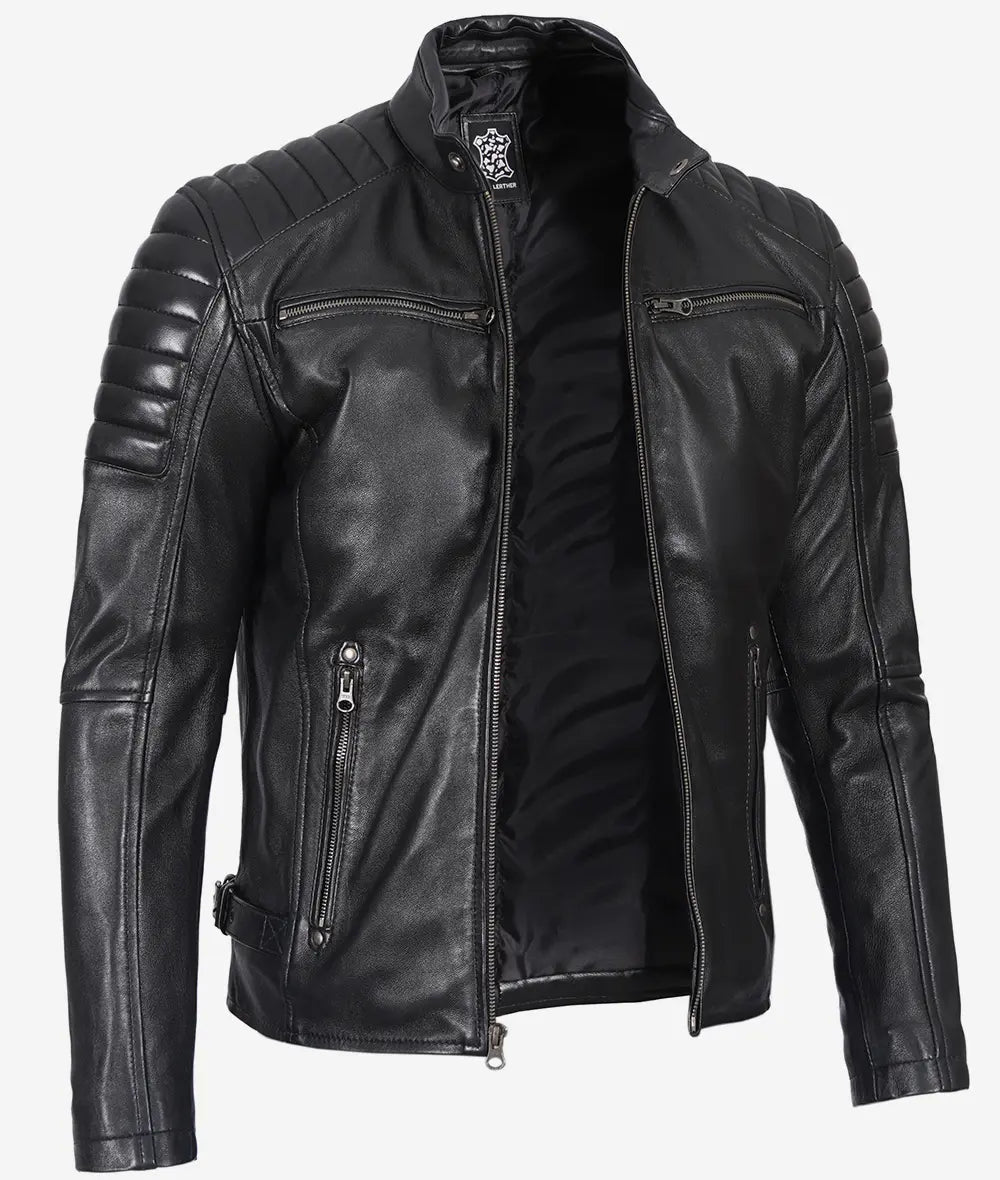 Stylish Men's Black Biker Jacket Padded Leather Shoulders