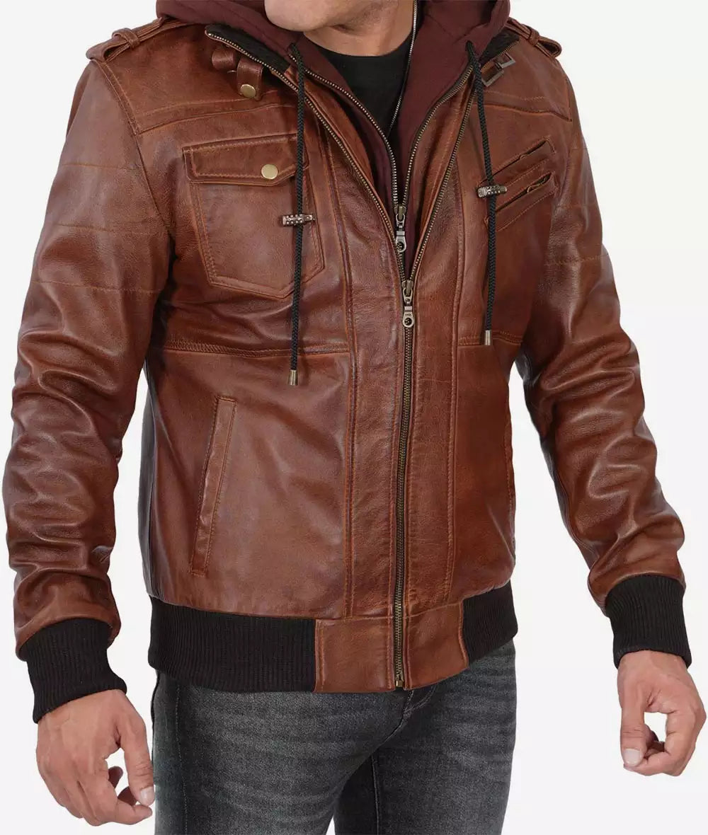 Men’s Hooded Brown Leather Bomber Jacket Tall Fit Edition