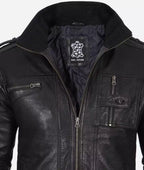 Mens Black Washed Leather Biker Jacket