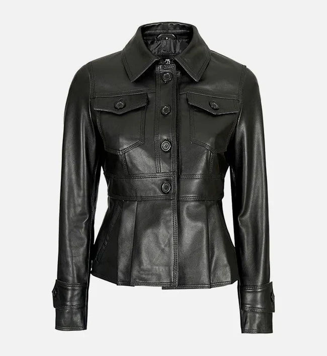 Womens Motorcycle Style Black Leather Trucker Jacket