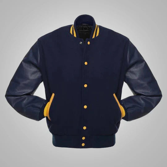 Navy Blue and Yellow Baseball Style Jacket for Men