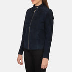 Women Navy Blue Suede Biker Jacket