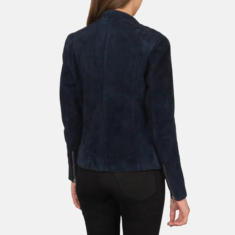 Women Navy Blue Suede Biker Jacket