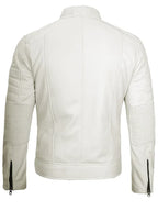 Mens Off White Leather Cafe Racer Jacket