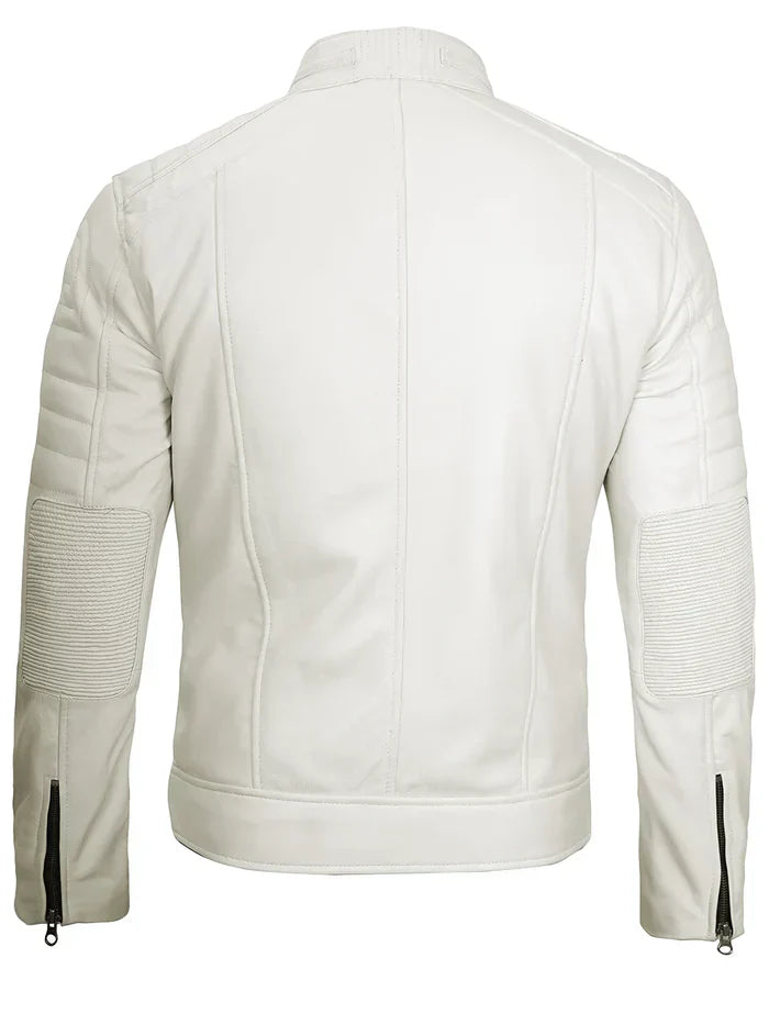 Mens Off White Leather Cafe Racer Jacket