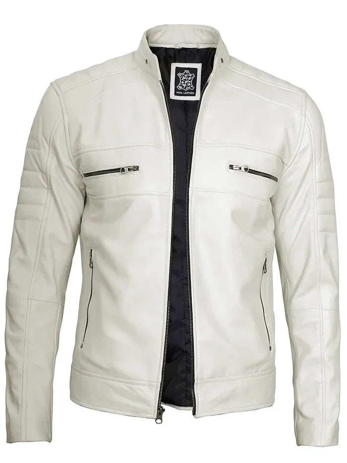 Mens Off White Leather Cafe Racer Jacket