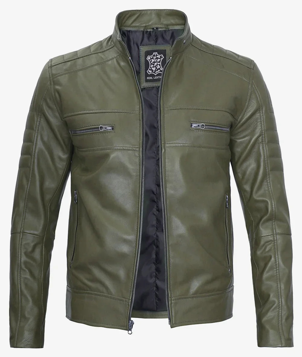 Mens Stylish Olive Green Cafe Racer Jacket