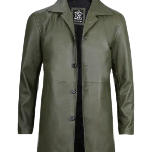 Mens Olive Green Leather Car Coat
