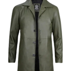 Mens Olive Green Leather Car Coat