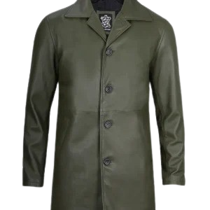 Mens Olive Green Leather Car Coat