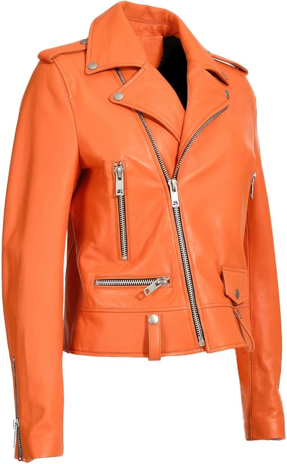 Womens Orange Biker Leather Jacket