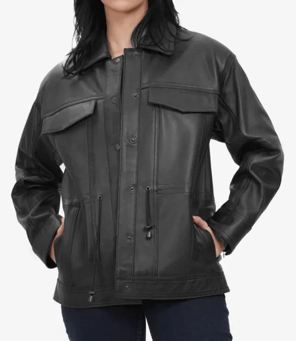Womens Black Oversized Leather Trucker Jacket
