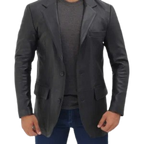 Mens Notch Lapel 2 Buttons Black Lambskin Leather Blazer