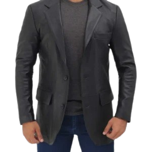 Mens Notch Lapel 2 Buttons Black Lambskin Leather Blazer
