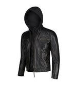 Mens Black Slim Fit Leather Jacket With Hood