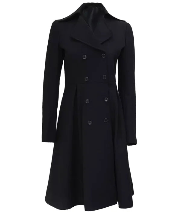 Women Black Double Breasted Wool Trench Coat
