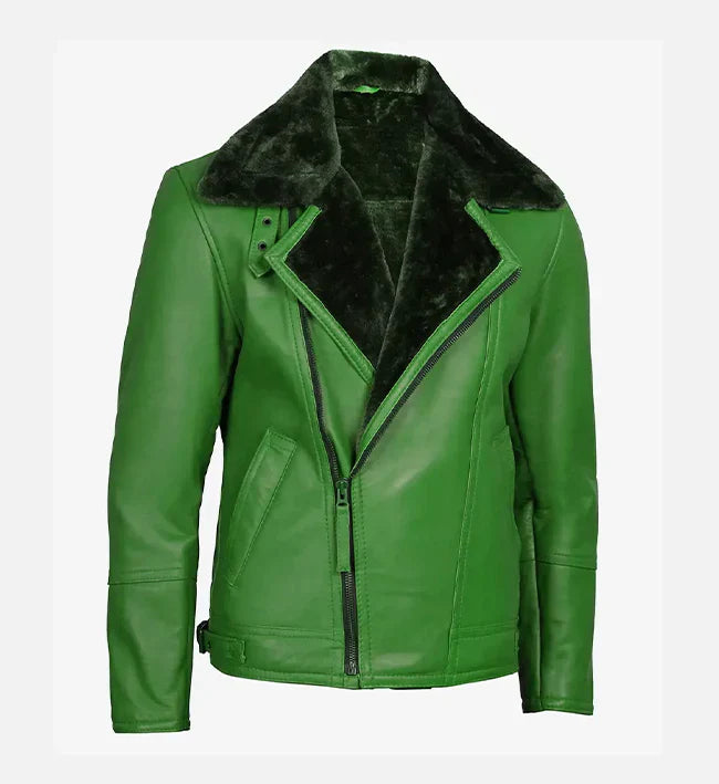 Green Shearling Leather Moto Jacket for Men