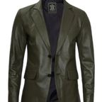 Mens Two Button Olive Green Leather Blazer