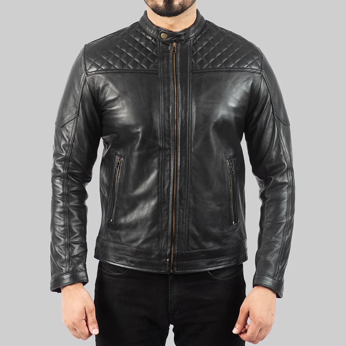 Mens Quilted Black Leather Biker Jacket