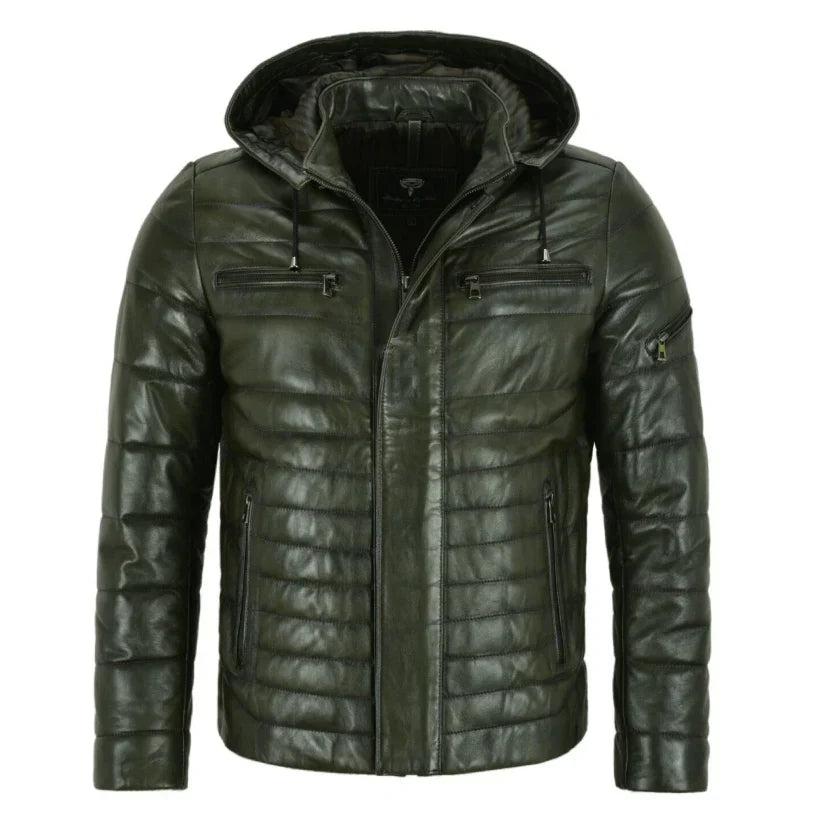 Mens Puffer Real Hooded Leather Jacket