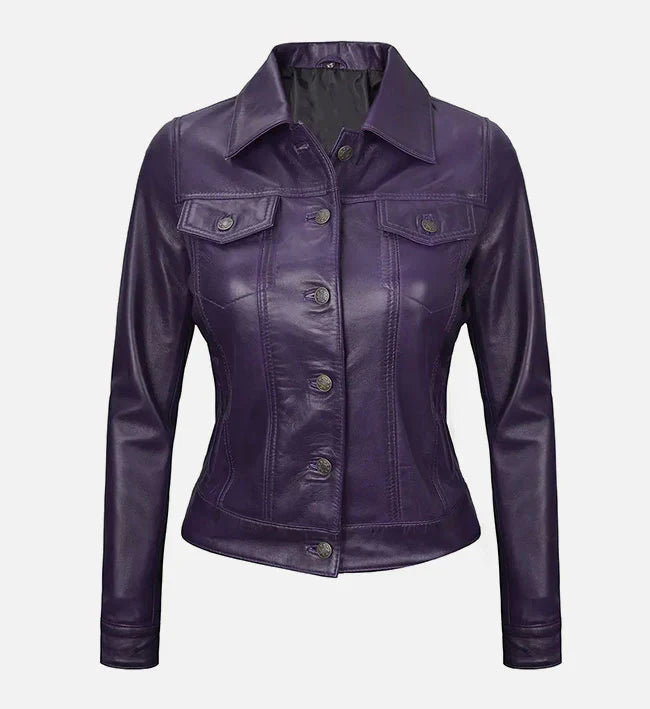 Women Purple Leather Trucker Jacket