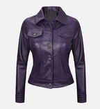 Women Purple Leather Trucker Jacket