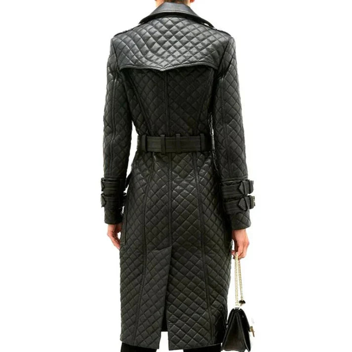 Womens Double Breasted Quilted Leather Trench Coat