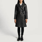 Womens Black Leather Quilted Trench Coat