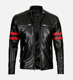 Leather Biker Jacket with Red Stripes