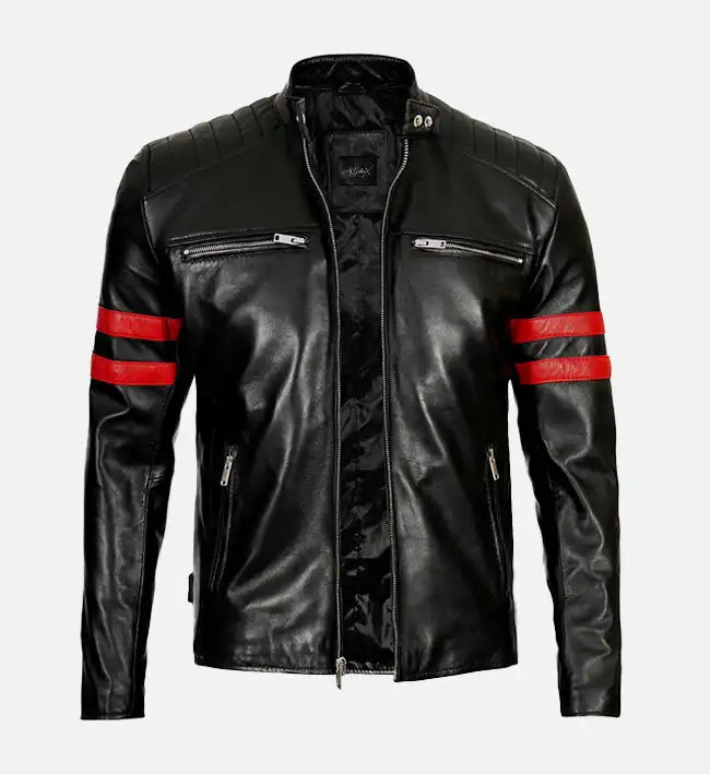 Leather Biker Jacket with Red Stripes