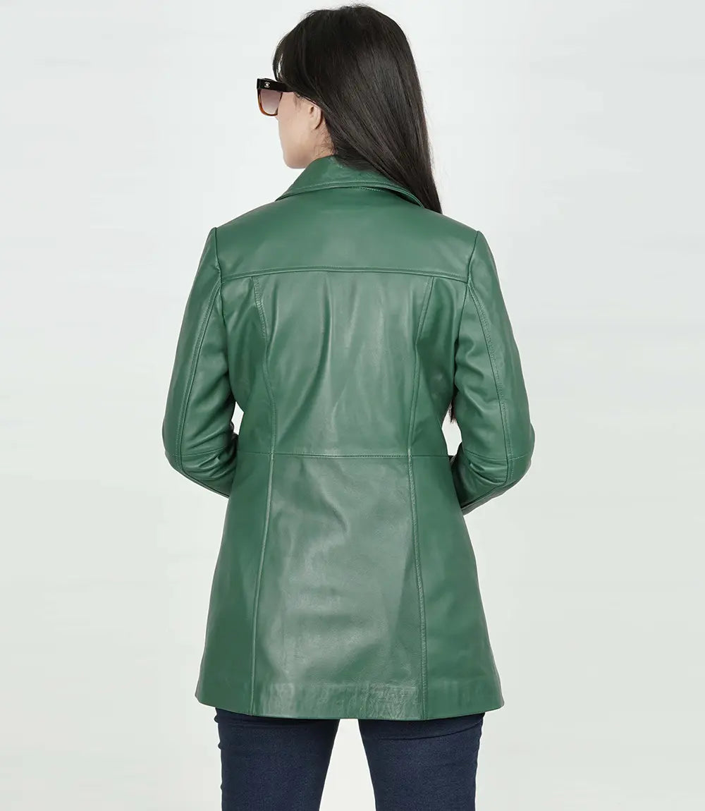 Womens Leather Green Coat - 3/4 Length