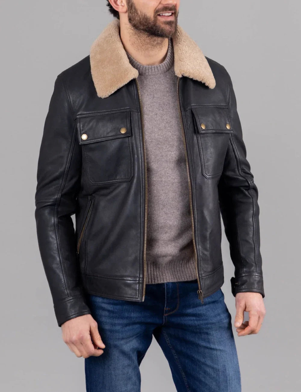 Black Real Leather Shearling Bomber Jacket for Men