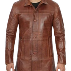 Men's Real Lambskin Brown Leather Cognac Car Coat