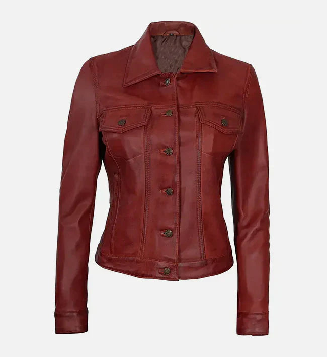 Women Red Leather Trucker Jacket