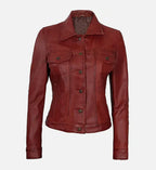 Women Red Leather Trucker Jacket